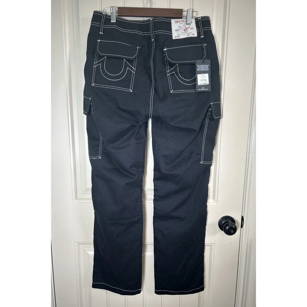 True Religion Men Baggy Cargo Pants Mens 31 Black White Bold Stitch Utility NWT